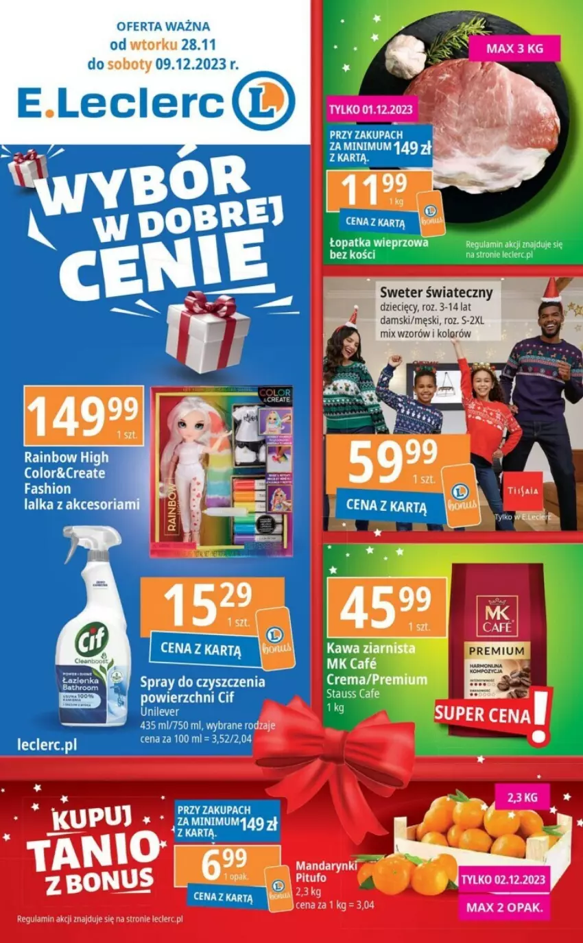 Gazetka promocyjna E Leclerc - ważna 28.11 do 09.12.2023 - strona 1 - produkty: Cif, Dzieci, Lalka, Spray do czyszczenia, Sweter