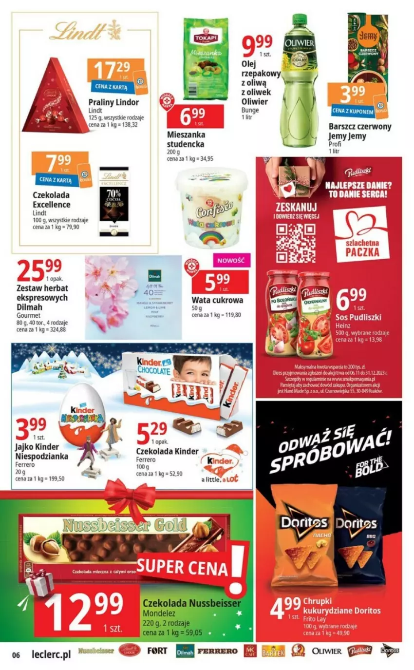 Gazetka promocyjna E Leclerc - ważna 28.11 do 09.12.2023 - strona 29 - produkty: Czekolada, Dilmah, Ferrero, Kinder, Lindor, Lindt, Olej, Olej rzepakowy, Praliny, Wata cukrowa