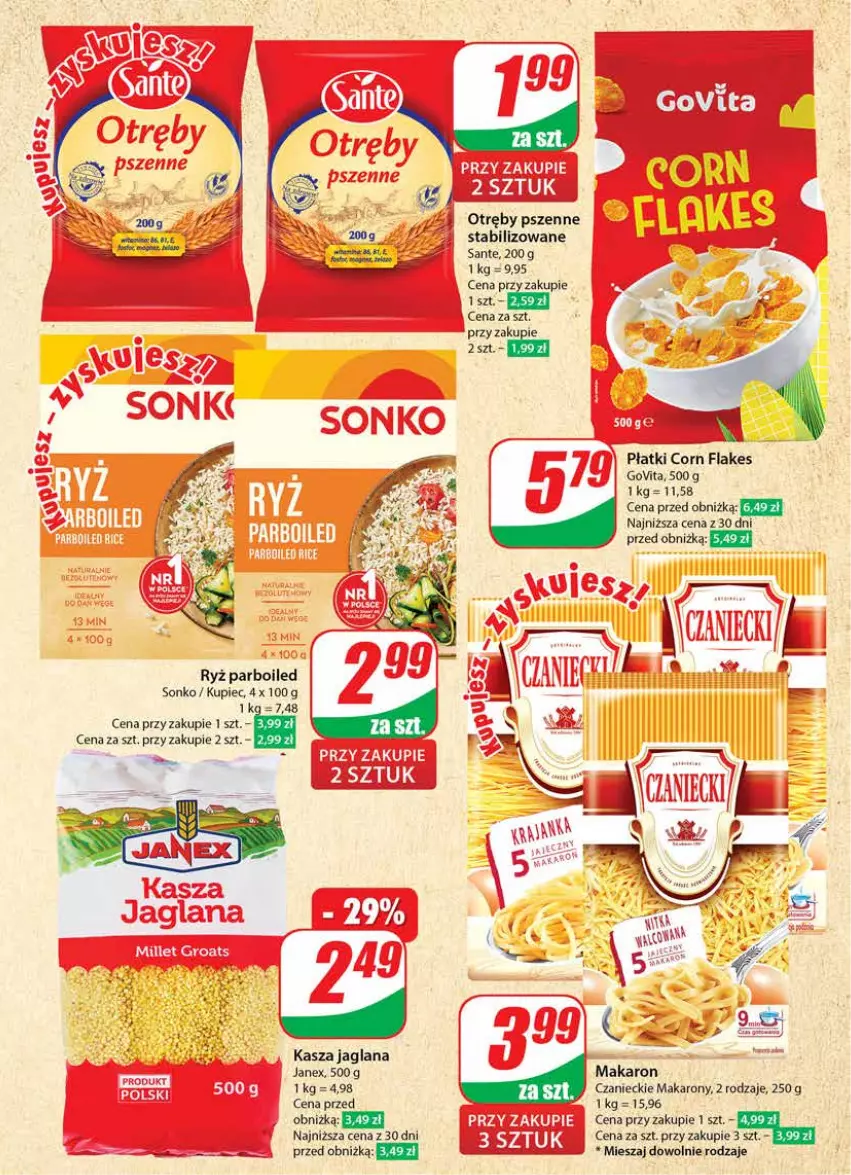 Gazetka promocyjna Dino - Gazetka 010 - ważna 06.03 do 12.03.2024 - strona 21 - produkty: Corn flakes, Kasza, Kasza jaglana, Kupiec, LANA, Makaron, Piec, Ryż, Ryż parboiled, Sante, Sonko