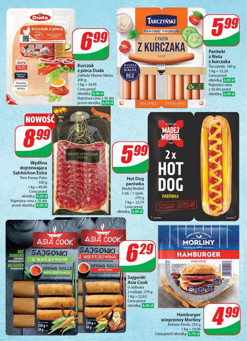 Gazetka promocyjna Dino - Gazetka 010 - ważna 06.03 do 12.03.2024 - strona 40 - produkty: Burger, Duda, Hamburger, Kurczak, Madej Wróbel, Morliny, Parówki, Piec, Por, Sajgonki, Sok, Tarczyński, Wędlina