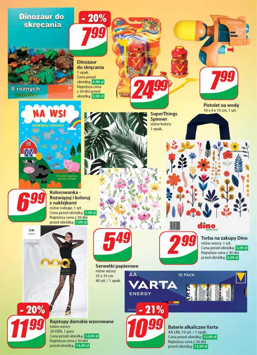 Gazetka promocyjna Dino - Gazetka 010 - ważna 06.03 do 12.03.2024 - strona 47 - produkty: Baterie alkaliczne, Dinozaur, Klej, Kolorowanka, Papier, Pistolet, Rajstopy, Ser, Serwetki, Serwetki papierowe, Top, Torba, Torba na zakupy, Varta