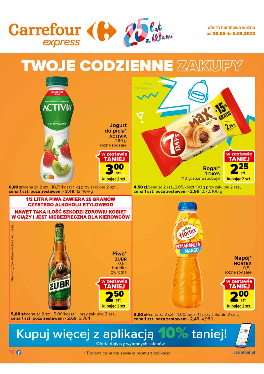 Gazetka promocyjna Carrefour - Gazetka Express - ważna 30.08 do 05.09.2022 - strona 1 - produkty: 7 Days, Activia, Hortex, Jogurt, Kosz, Mango, Napój, Piwo, Probiotyk