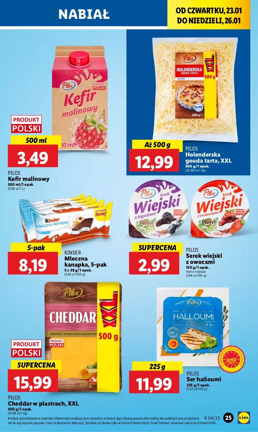 Gazetka promocyjna Lidl - GAZETKA - ważna 23.01 do 26.01.2025 - strona 27 - produkty: Cheddar, Gouda, Kefir, Kinder, Mleczna kanapka, Pilos, Ser, Serek, Serek wiejski, Tarta