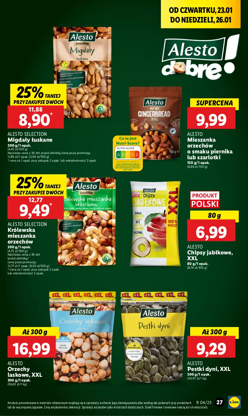 Gazetka promocyjna Lidl - GAZETKA - ważna 23.01 do 26.01.2025 - strona 29 - produkty: Chipsy, Migdały, Migdały łuskane, Pestki dyni, Piernik