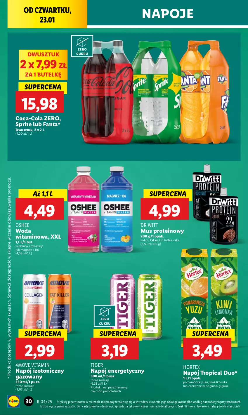 Gazetka promocyjna Lidl - GAZETKA - ważna 23.01 do 26.01.2025 - strona 32 - produkty: Coca-Cola, Fa, Fanta, Hortex, Kakao, Kiwi, Kokos, Limonka, Magnez, Mus, Napój, Napój energetyczny, Napój izotoniczny, Napoje, Oshee, Sprite, Tiger, Tropical, Vitamin napój, Wino, Woda