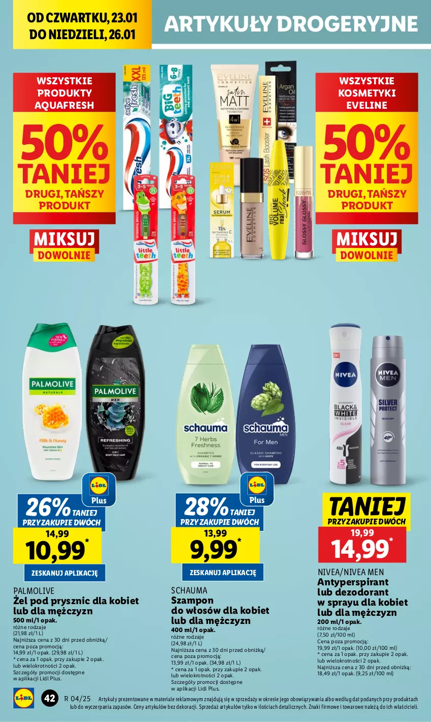 Gazetka promocyjna Lidl - GAZETKA - ważna 23.01 do 26.01.2025 - strona 44 - produkty: Antyperspirant, Aquafresh, Dezodorant, Eveline, Nivea, Nivea Men, Palmolive, Schauma, Szampon