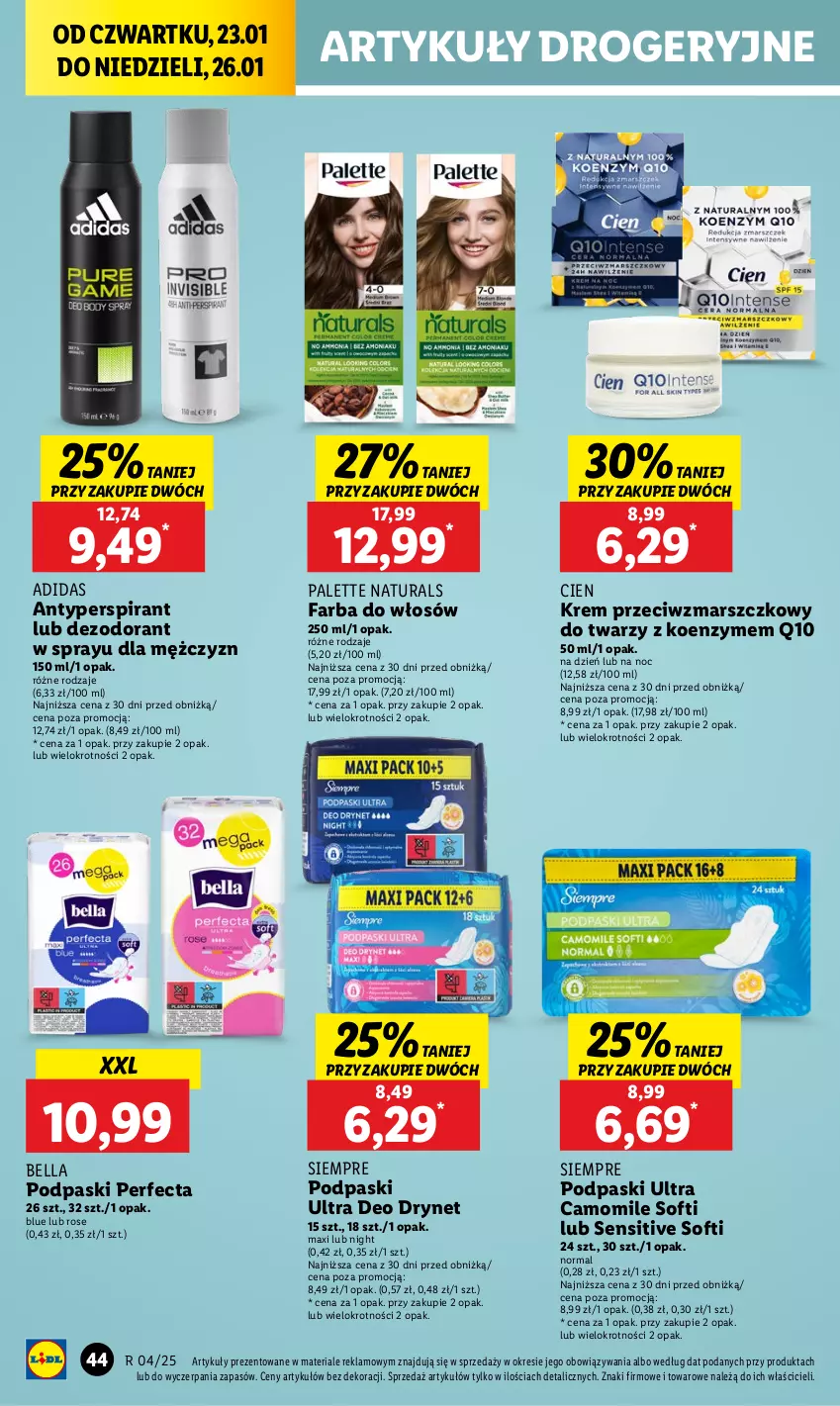 Gazetka promocyjna Lidl - GAZETKA - ważna 23.01 do 26.01.2025 - strona 46 - produkty: Adidas, Antyperspirant, Bell, Bella, Dezodorant, Fa, Farba do włosów, Krem przeciwzmarszczkowy, Mars, Palette, Perfecta, Podpaski