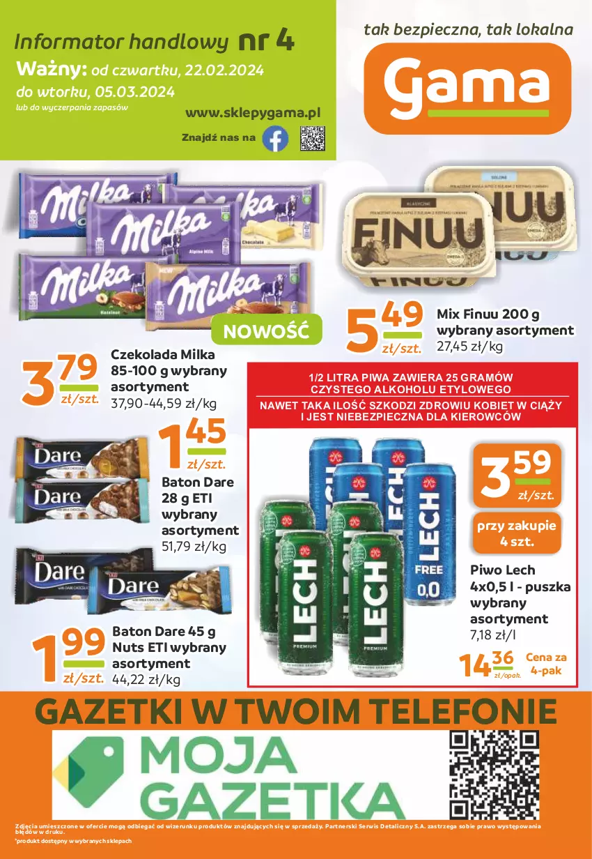 Gazetka promocyjna Gama - Gazetka Gama - ważna 22.02 do 05.03.2024 - strona 12 - produkty: Baton, Czekolada, Finuu, Gra, Milka, Piec, Piwa, Piwo, Ser, Telefon