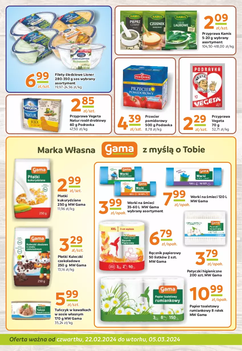 Gazetka promocyjna Gama - Gazetka Gama - ważna 22.02 do 05.03.2024 - strona 8 - produkty: Kamis, Kawa, Lisner, Papier, Papier toaletowy, Podravka, Ręcznik, Rosół, Rosół drobiowy, Rum, Sos, Tuńczyk, Vegeta, Vegeta Natur, Worki na śmiec, Worki na śmieci