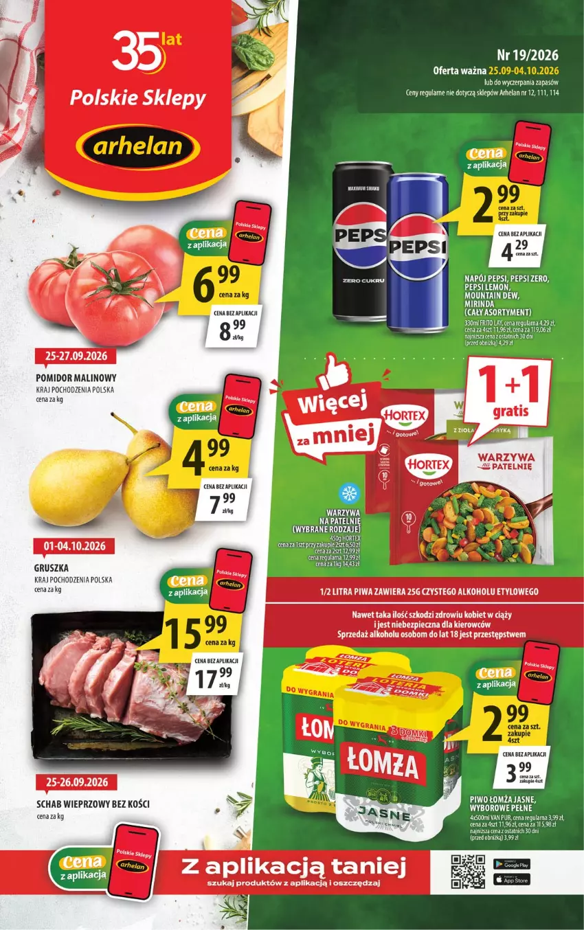 Gazetka promocyjna Arhelan - Gazetka - ważna 25.09 do 03.10.2026 - strona 1 - produkty: Napój, Pepsi, Piec, Piwa, Pomidor malinowy, Pur, Schab wieprzowy, Warzywa