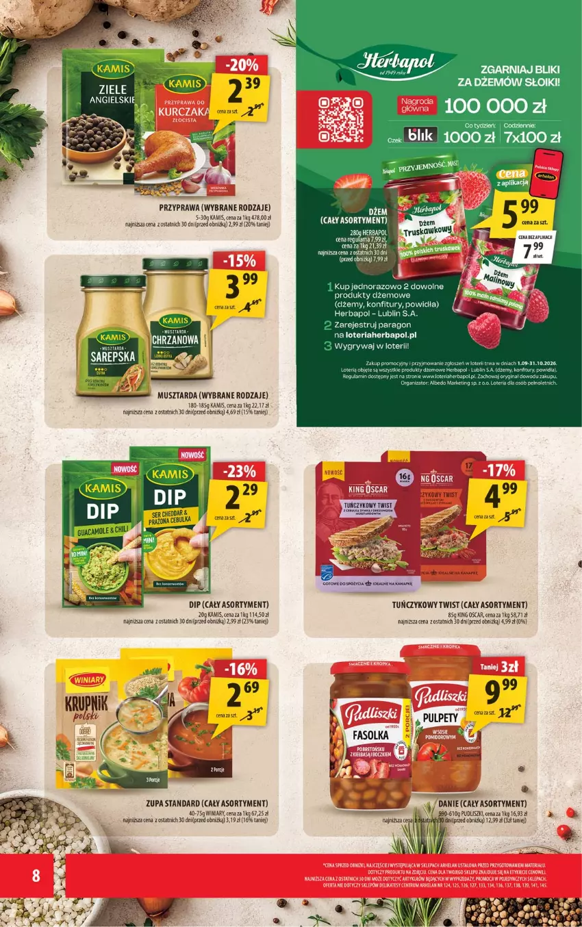 Gazetka promocyjna Arhelan - Gazetka - ważna 25.09 do 03.10.2026 - strona 8 - produkty: Cheddar, Dżem, Gin, Gry, Herbapol, Kamis, Mus, Musztarda, Pudliszki, Rust, Tera, Tran, Tuńczyk, Winiary, Zupa