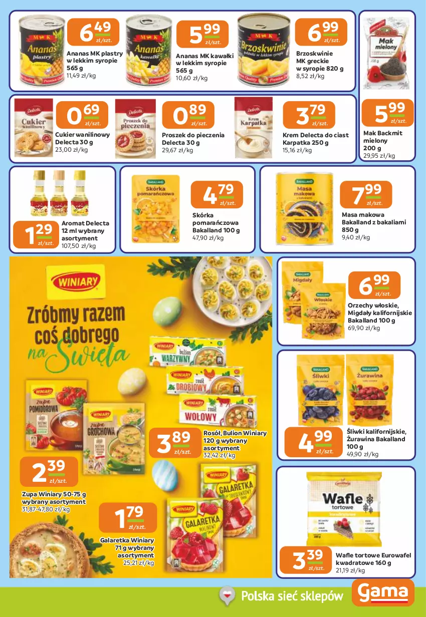 Gazetka promocyjna Gama - Gazetka Gama - ważna 12.03 do 24.03.2026 - strona 7 - produkty: Ananas, Bakalland, Brzoskwinie, Bulion, Cukier, Cukier wanilinowy, Delecta, Gala, Galaretka, Karp, Kawa, Lion, Migdały, Orzechy włoskie, Piec, Proszek do pieczenia, Rosół, Syrop, Winiary, Zupa