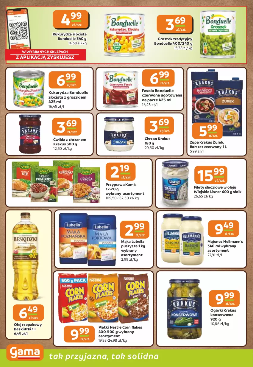 Gazetka promocyjna Gama - Gazetka Gama - ważna 12.03 do 24.03.2026 - strona 8 - produkty: Bell, Bella, Beskidzki, Bonduelle, Chrzan, Fa, Fasola, Groszek, Kamis, Krakus, Kukurydza, Lisner, Lubella, Majonez, Mąka, Olej, Olej rzepakowy, Ser, Zupa