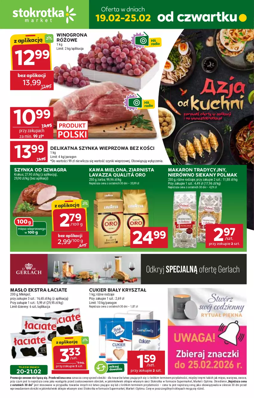 Gazetka promocyjna Stokrotka - Market - ważna 19.02 do 25.02.2026 - strona 1 - produkty: Cukier, Gra, Kawa, Kawa mielona, Krakus, Lavazza, Makaron, Masło, Mięso, Olma, Optima, Owoce, Szynka, Szynka wieprzowa, Torba, Warzywa, Wino, Winogrona