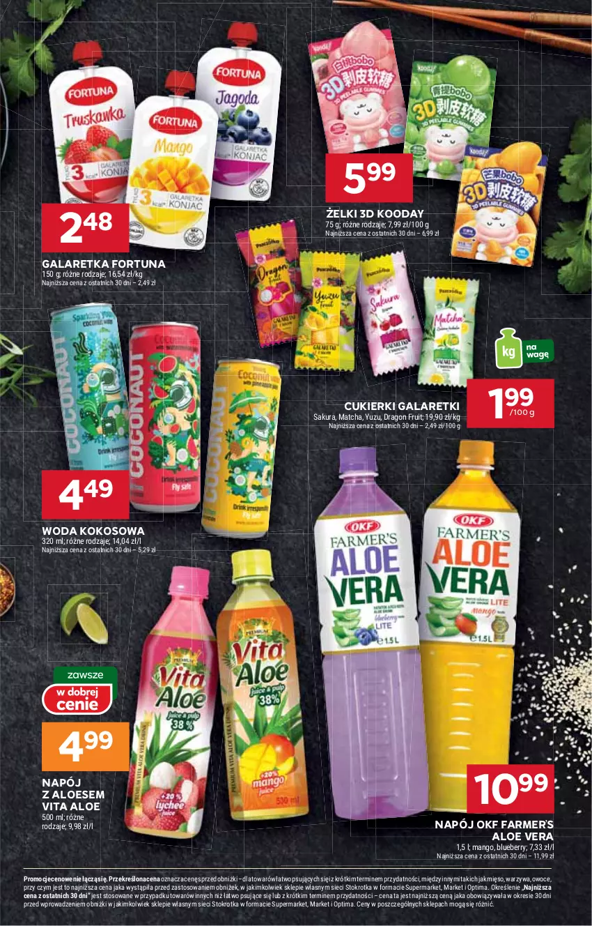 Gazetka promocyjna Stokrotka - Market - ważna 19.02 do 25.02.2026 - strona 15 - produkty: Aloe vera, Cukier, Cukierki, Fa, Fortuna, Gala, Galaretka, Galaretki, Kokos, Mango, Mięso, Napój, Optima, Owoce, Warzywa, Woda