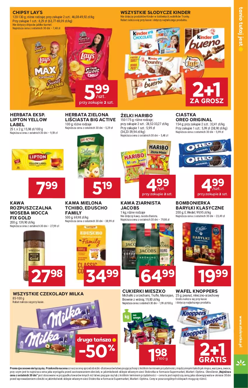 Gazetka promocyjna Stokrotka - Market - ważna 19.02 do 25.02.2026 - strona 17 - produkty: Baryłki, Brownie, Chipsy, Ciastka, Cukier, Cukierki, Fa, Gin, Gra, Haribo, Herbata, Jacobs, Kawa, Kawa mielona, Kawa rozpuszczalna, Kawa ziarnista, Kinder, Knoppers, Lay’s, Lipton, Lodówka, Michałki, Mięso, Milka, Mocca Fix Gold, Optima, Oreo, Owoce, Tchibo, Warzywa, Woseba