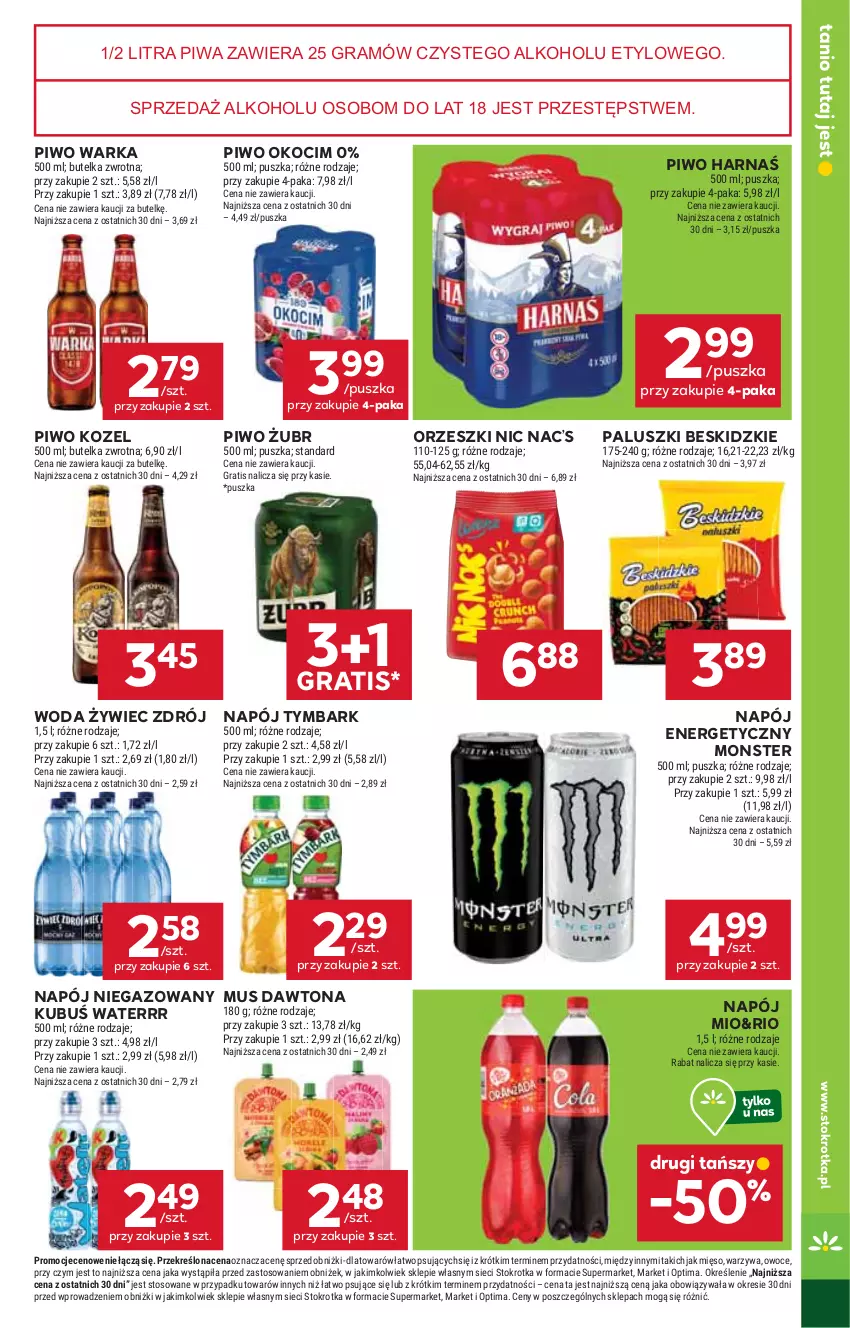 Gazetka promocyjna Stokrotka - Market - ważna 19.02 do 25.02.2026 - strona 21 - produkty: Beskidzki, Dawtona, Gra, Harnaś, Koc, Kozel, Kubuś, Kubuś Waterrr, Mięso, Mus, Napój, Napój energetyczny, Napój niegazowany, Okocim, Optima, Orzeszki, Owoce, Piwa, Piwo, Tymbark, Warka, Warzywa, Woda