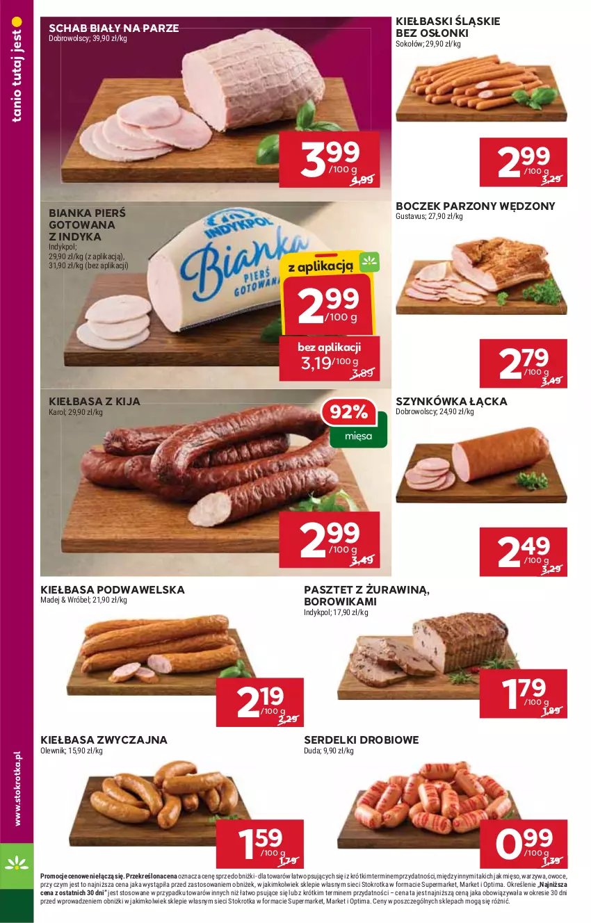 Gazetka promocyjna Stokrotka - Market - ważna 19.02 do 25.02.2026 - strona 8 - produkty: Bianka, Boczek, Duda, Kiełbasa, Kiełbasa podwawelska, Kiełbaski śląskie, Mięso, Olewnik, Optima, Owoce, Pasztet, Ser, Serdelki, Sok, Sokołów, Warzywa, Wawel