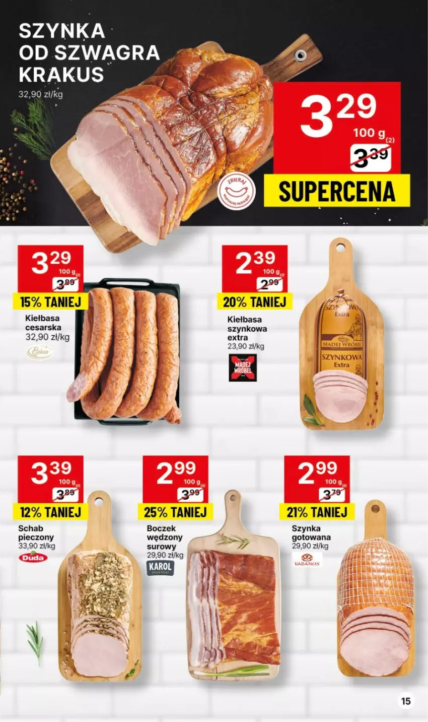 Gazetka promocyjna Delikatesy Centrum - Dyskontowe ceny w Delikatesach Centrum - ważna 09.11 do 15.11.2023 - strona 15 - produkty: Boczek, Gra, Kiełbasa, Kiełbasa szynkowa, Krakus, Piec, Schab pieczony, Szynka