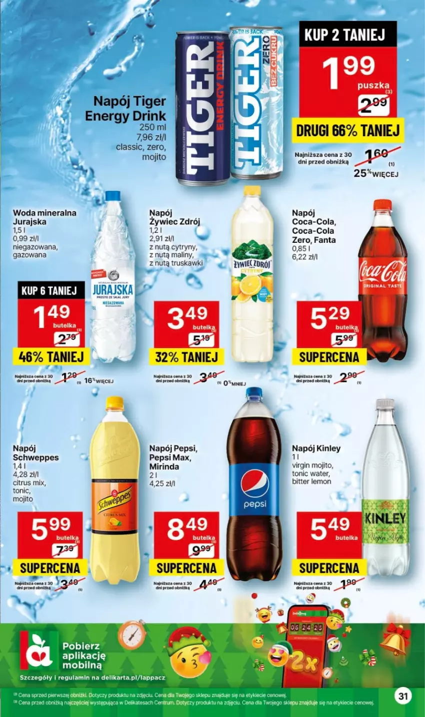 Gazetka promocyjna Delikatesy Centrum - Dyskontowe ceny w Delikatesach Centrum - ważna 09.11 do 15.11.2023 - strona 31 - produkty: Coca-Cola, Cytryny, Fa, Fanta, Gin, Maliny, Mirinda, Napój, Pepsi, Pepsi max, Schweppes, Tiger, Truskawki, Woda, Woda mineralna