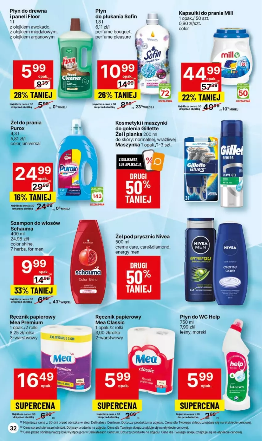 Gazetka promocyjna Delikatesy Centrum - Dyskontowe ceny w Delikatesach Centrum - ważna 09.11 do 15.11.2023 - strona 32 - produkty: Gillette, Kapsułki do prania, Maszynka, Nivea, Olej, Papier, Perfum, Płyn do wc, Pur, Ręcznik, Rolki, Rum, Schauma, Szampon, Szynka