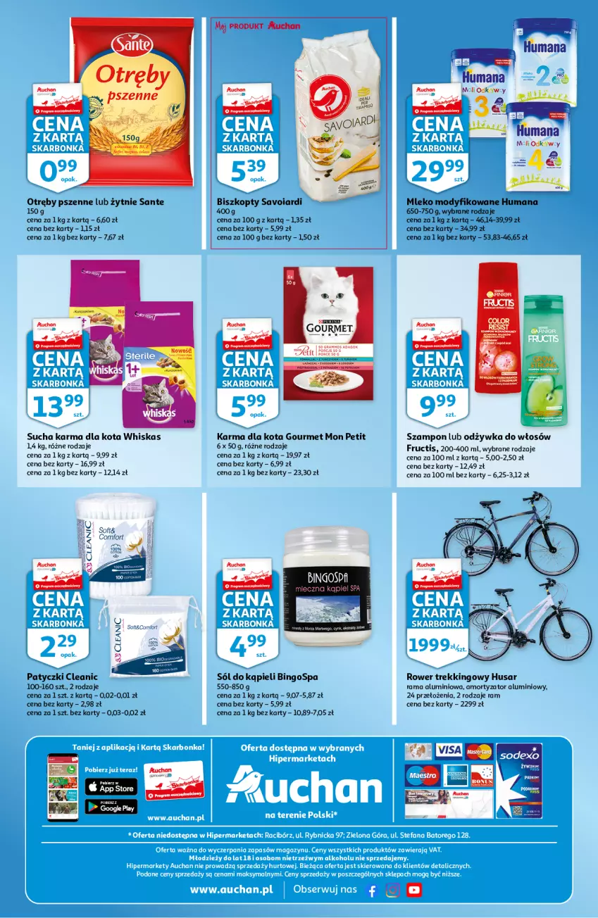 Gazetka promocyjna Auchan - Skarbonka #12 - ważna 24.03 do 30.03.2022 - strona 4 - produkty: Biszkopty, Cleanic, Fructis, Gra, Humana, Mleko, Mleko modyfikowane, Odżywka, Por, Rama, Rower, Sante, Sól, Sól do kąpieli, Stek, Sucha karma, Szampon, Whiskas