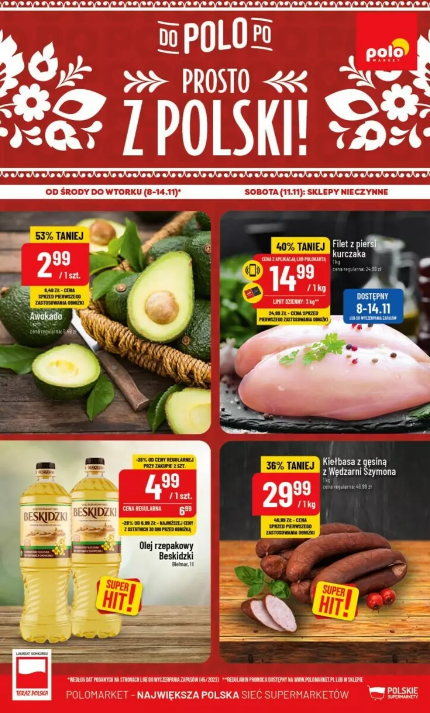 Gazetka promocyjna PoloMarket - ważna 08.11 do 14.11.2023 - strona 1 - produkty: Beskidzki, Kiełbasa, Kurczak, Olej, Olej rzepakowy