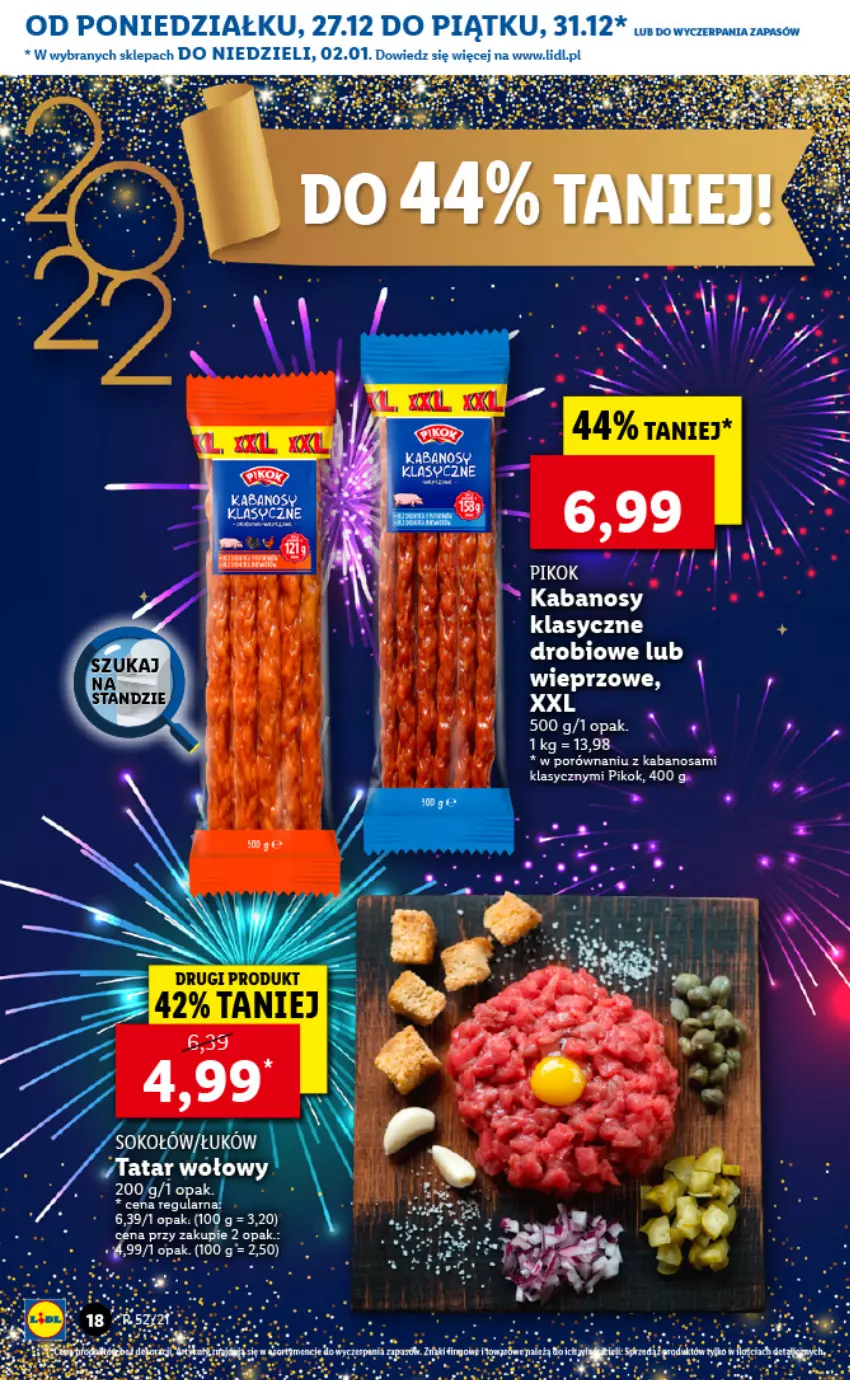 Gazetka promocyjna Lidl - GAZETKA - ważna 27.12.2021 do 02.01.2022 - strona 20 - produkty: Fa, Kabanos, PIKOK, Por, Ser, Sok, Sokołów, Tatar wołowy