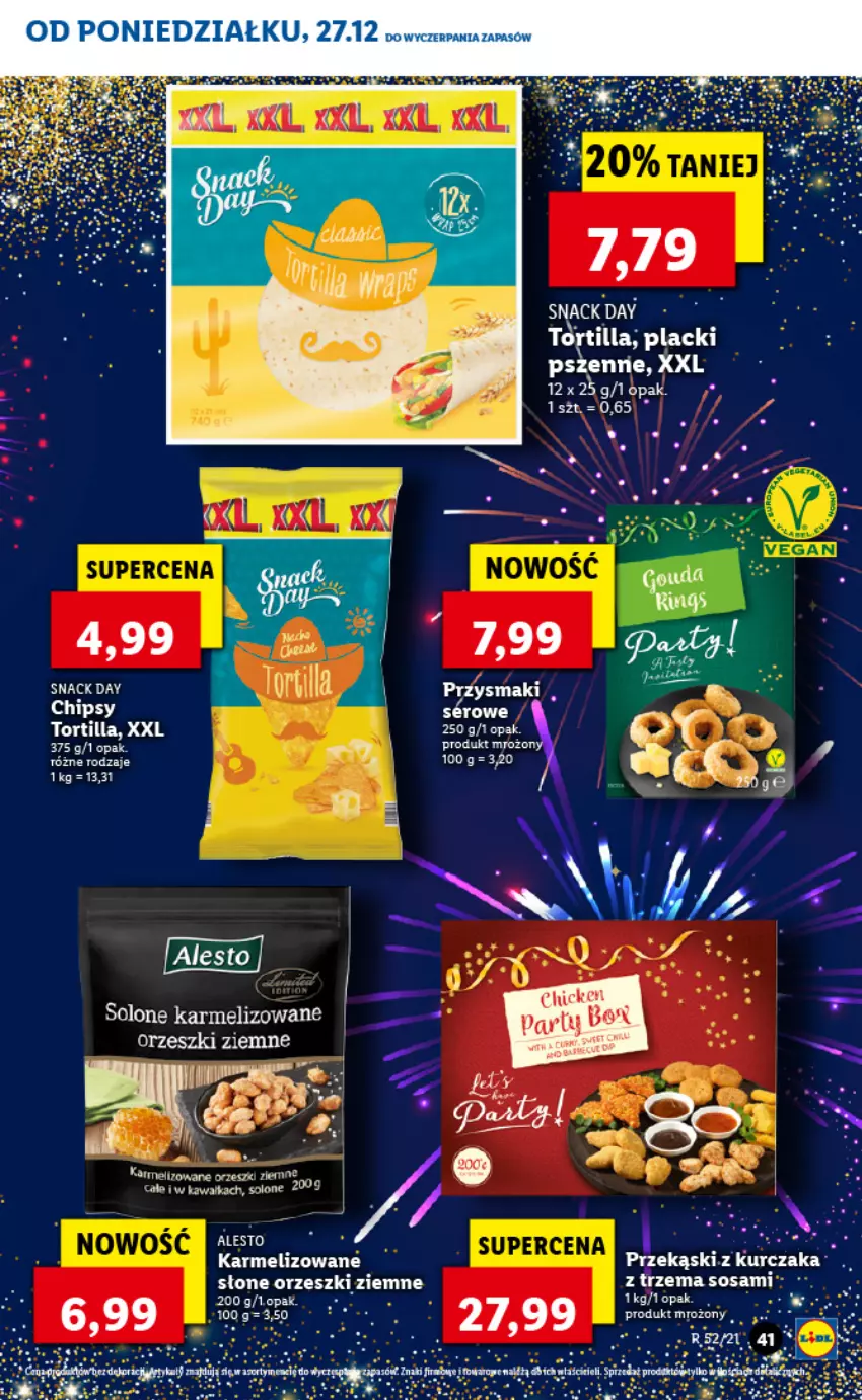 Gazetka promocyjna Lidl - GAZETKA - ważna 27.12.2021 do 02.01.2022 - strona 43 - produkty: Chipsy, Fa, Jaja, Lack, Orzeszki, Orzeszki ziemne, Przysmaki, Sos, Tortilla