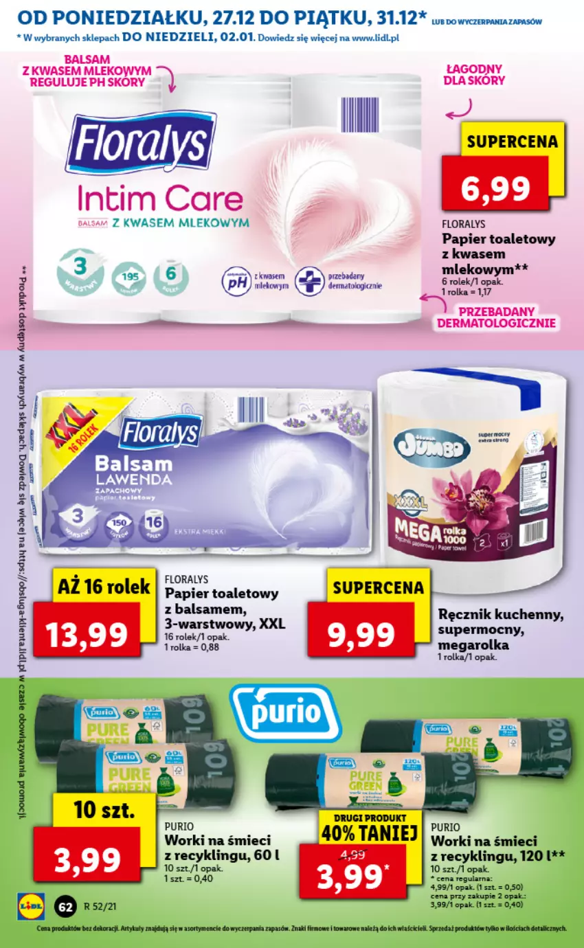 Gazetka promocyjna Lidl - GAZETKA - ważna 27.12.2021 do 02.01.2022 - strona 64 - produkty: Flora, Mleko, Papier, Papier toaletowy, Pur, Worki na śmiec, Worki na śmieci