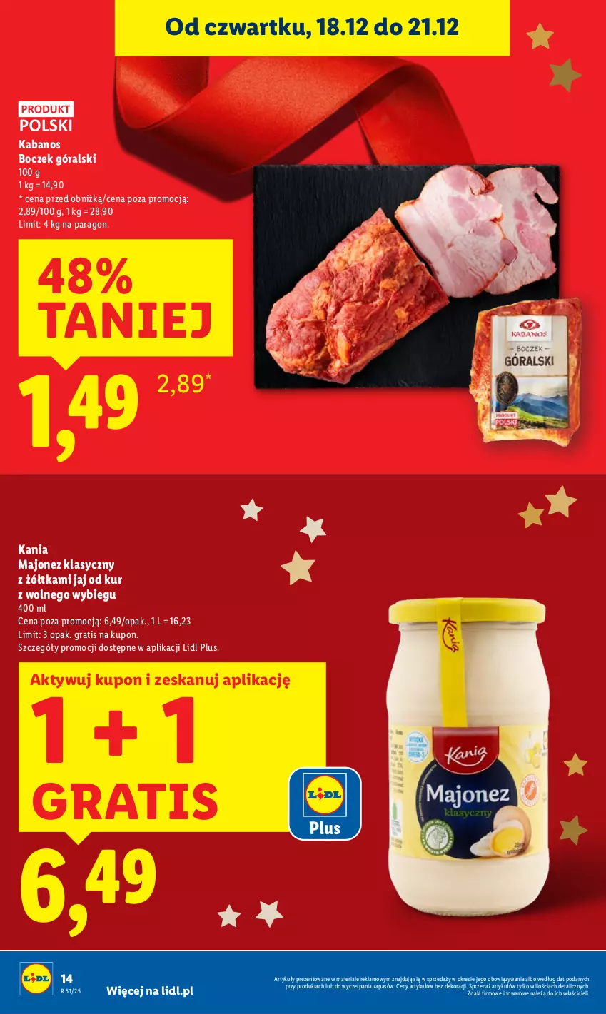 Gazetka promocyjna Lidl - GAZETKA - ważna 18.12 do 21.12.2025 - strona 14 - produkty: Boczek, Gra, Kabanos, Majonez