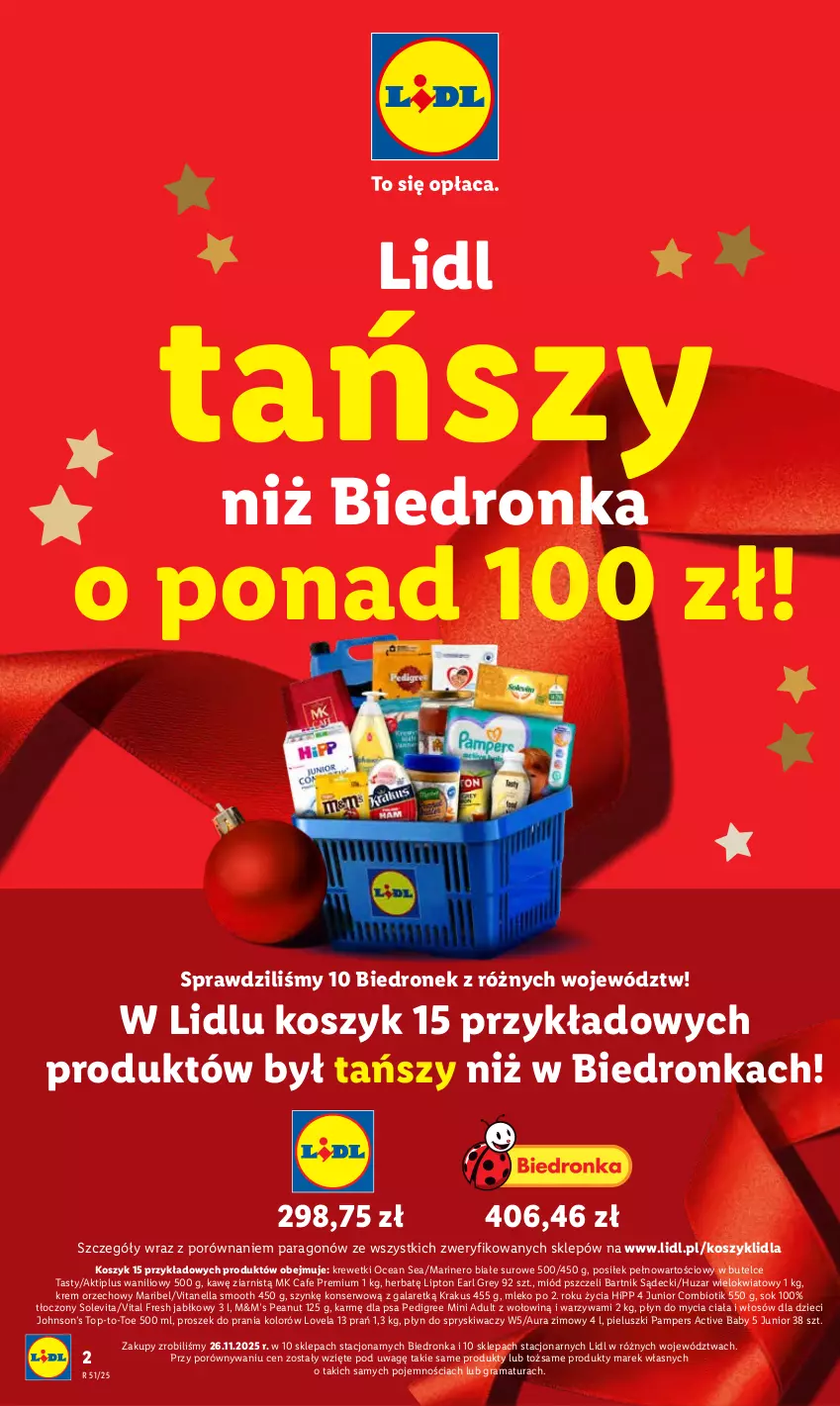 Gazetka promocyjna Lidl - GAZETKA - ważna 18.12 do 21.12.2025 - strona 2 - produkty: Aktiplus, Dron, Dzieci, Earl Grey, Gala, Gra, HiPP, Kosz, Krakus, Krem orzechowy, Krewetki, Lipton, Lovela, Miód, Mleko, Pampers, Pedigree, Płyn do mycia, Płyn do spryskiwaczy, Por, Proszek do prania, Rama, Ser, Sok, Top, Warzywa