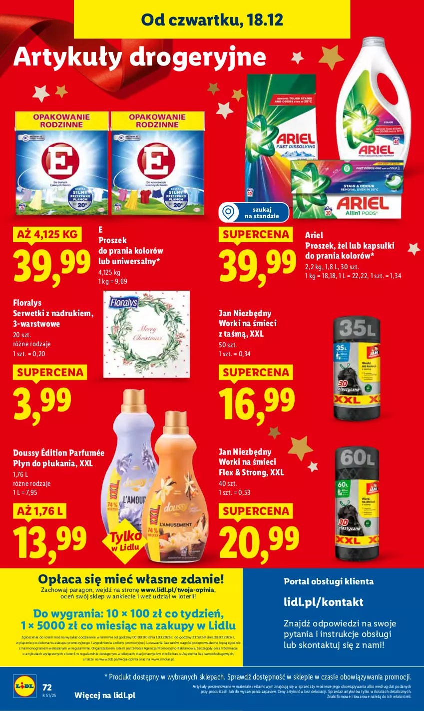 Gazetka promocyjna Lidl - GAZETKA - ważna 18.12 do 21.12.2025 - strona 72 - produkty: Ariel, Flora, Gra, Jan Niezbędny, Kapsułki do prania, Laur, Mola, Płyn do płukania, Por, Portal, Proszek do prania, Ser, Serwetki, Worki na śmiec, Worki na śmieci