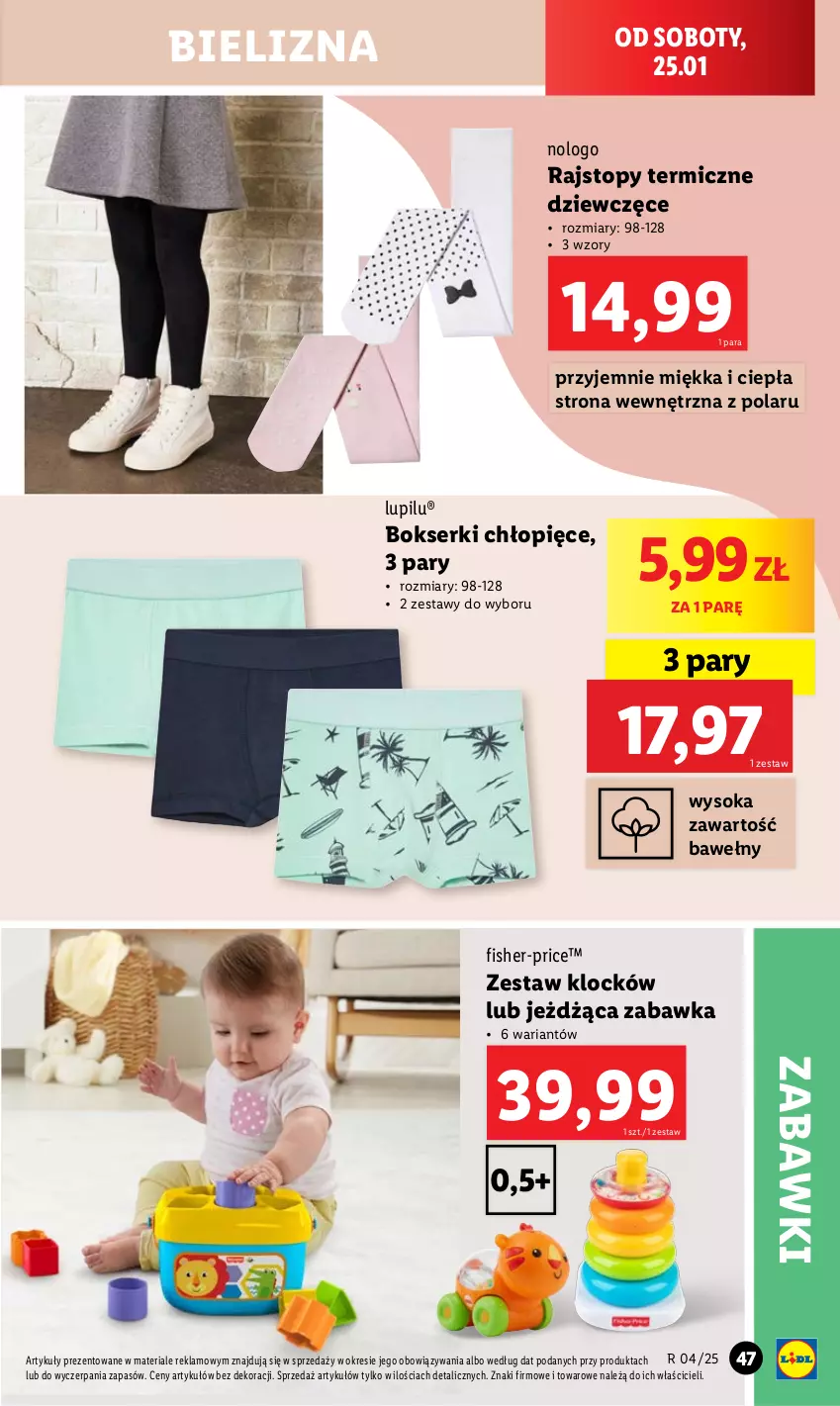 Gazetka promocyjna Lidl - GAZETKA - ważna 20.01 do 26.01.2025 - strona 49 - produkty: Bielizna, Bokserki, Fisher-Price, Rajstopy, Ser, Sok, Top, Zabawka