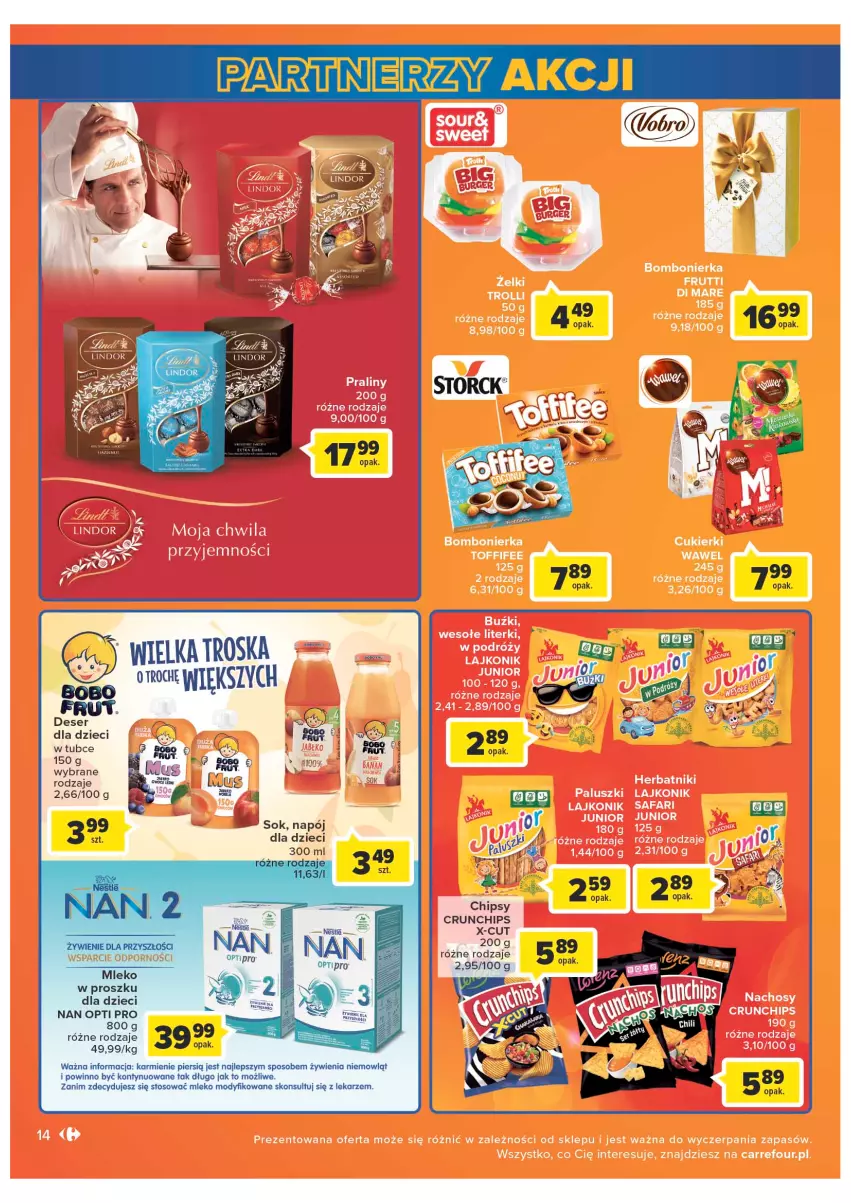 Gazetka promocyjna Carrefour - Gazetka Market - ważna 04.05 do 28.05.2022 - strona 14 - produkty: Chipsy, Crunchips, Deser, Dzieci, Karmi, Lindor, Mleko, Mleko modyfikowane, Mus, Napój, Ser, Sok