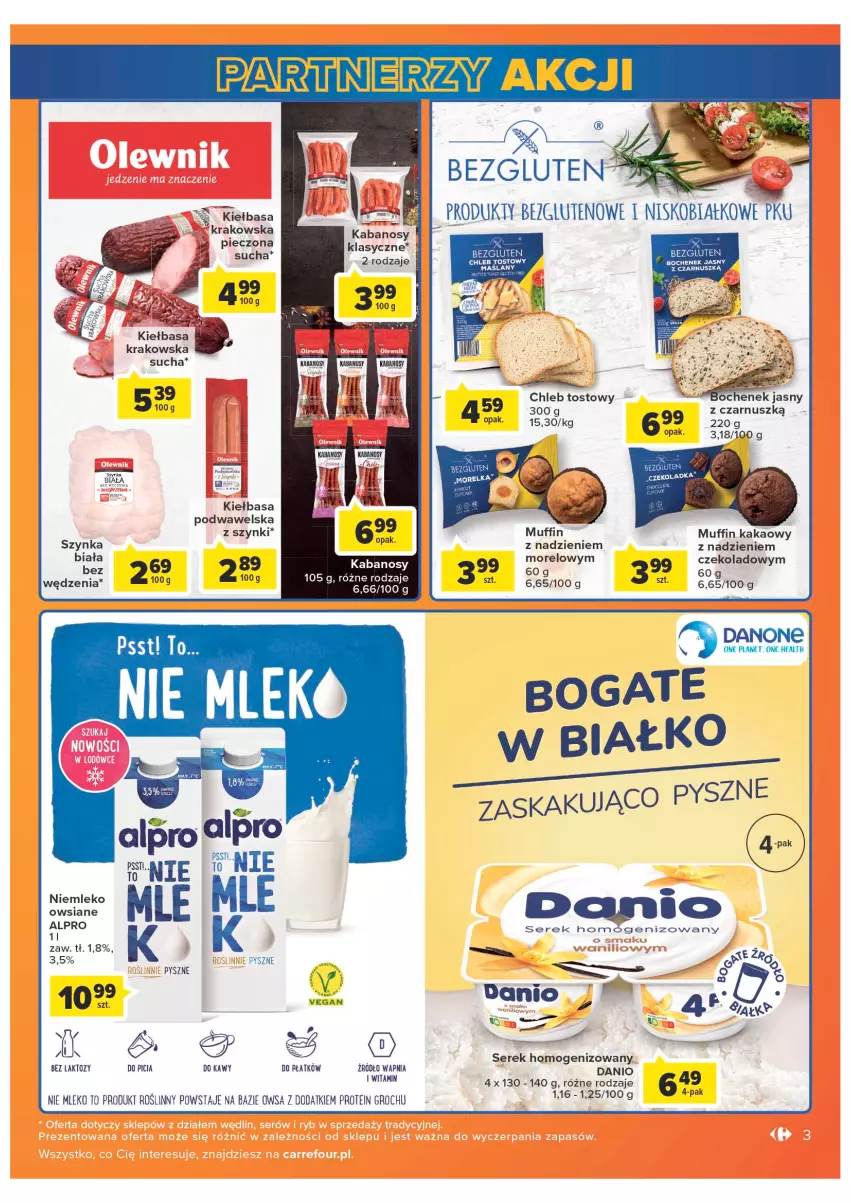 Gazetka promocyjna Carrefour - Gazetka Market - ważna 04.05 do 28.05.2022 - strona 3 - produkty: Alpro, Chleb, Chleb tostowy, Danio, Danone, Groch, Kabanos, Kakao, Kiełbasa, Kiełbasa krakowska, Kiełbasa podwawelska, Mleko, Mleko owsiane, Piec, Ser, Serek, Serek homogenizowany, Szynka, Szynka biała, Wawel