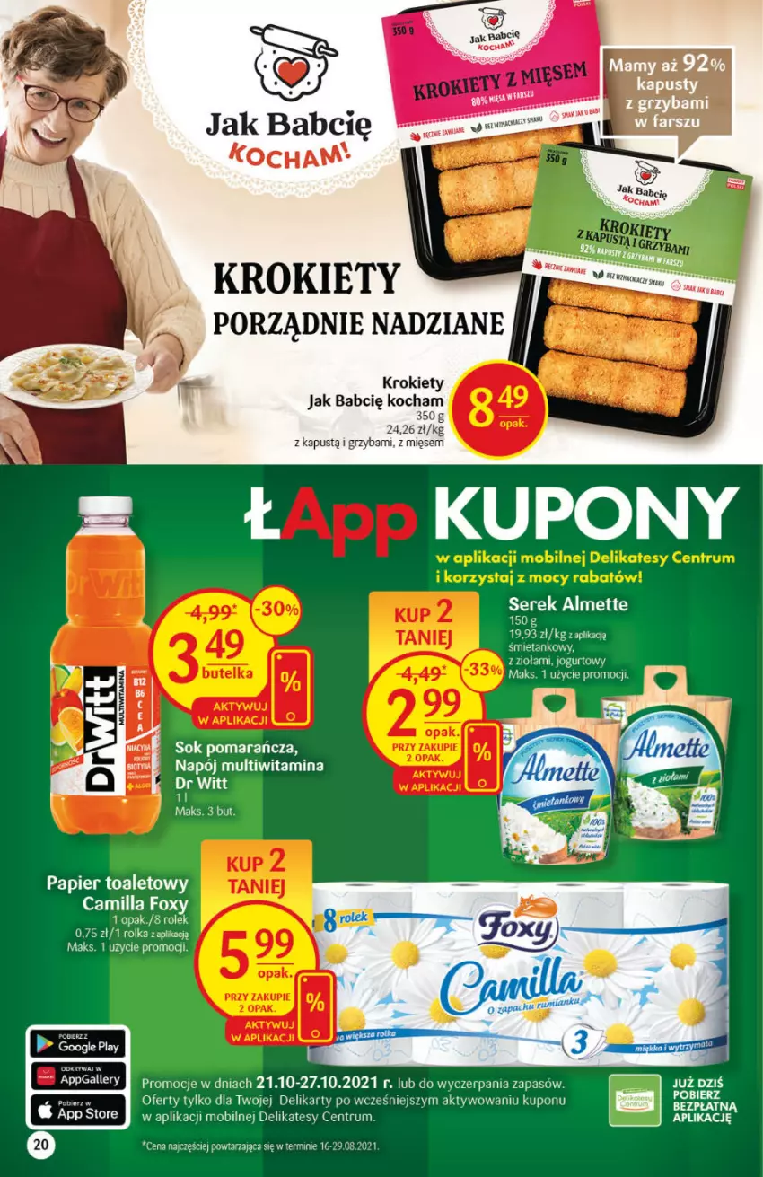 Gazetka promocyjna Delikatesy Centrum - Gazetka DC42 n. fresh - ważna 21.10 do 27.10.2021 - strona 20 - produkty: Almette, Foxy, Jogurt, Kapustą, Koc, Krokiety, Mobil, Napój, Papier, Papier toaletowy, Por, Rum, Ser, Serek, Sok