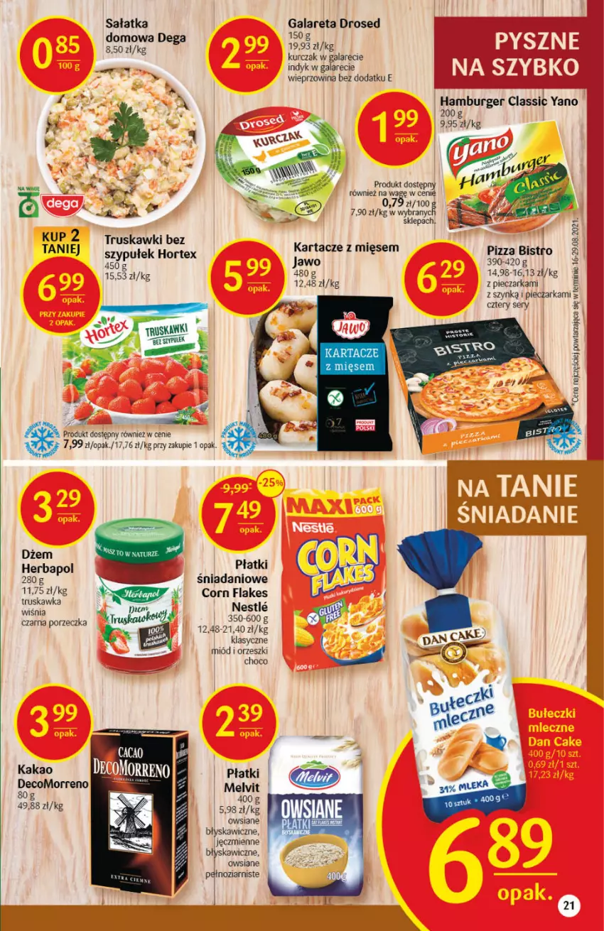 Gazetka promocyjna Delikatesy Centrum - Gazetka DC42 n. fresh - ważna 21.10 do 27.10.2021 - strona 21 - produkty: Burger, Corn flakes, Danio, Dega, Dżem, Gala, Hamburger, Herbapol, Hortex, Kakao, Kurczak, Melvit, Miód, Orzeszki, Piec, Pieczarka, Pizza, Sałat, Sałatka, Ser, Truskawki, Wieprzowina