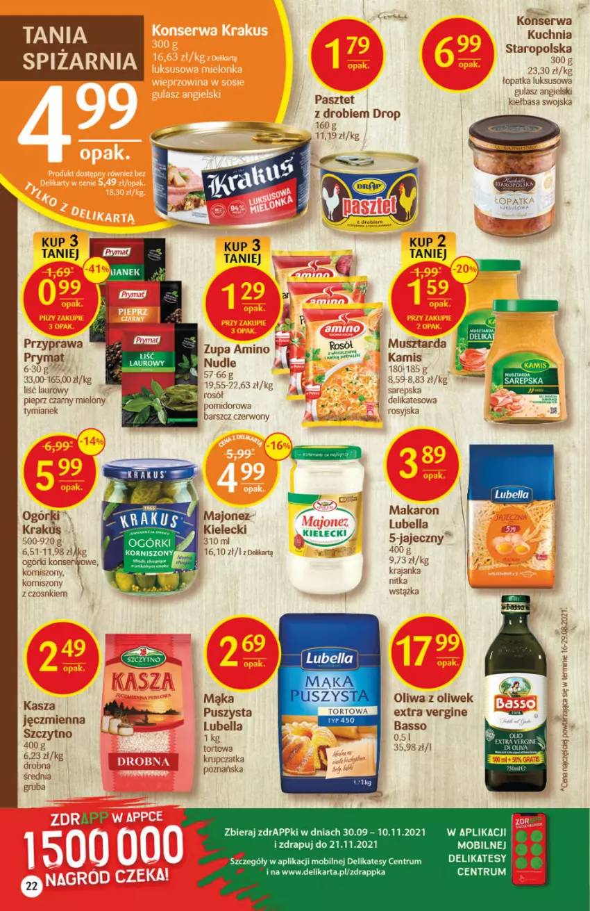 Gazetka promocyjna Delikatesy Centrum - Gazetka DC42 n. fresh - ważna 21.10 do 27.10.2021 - strona 22 - produkty: Bell, Bella, Gin, Kamis, Kiełbasa, Korniszony, Krakus, Laur, Lubella, Majonez, Mąka, Makaron, Mobil, Oliwa z oliwek, Pasztet, Pieprz, Rosół, Rum, Ser, Wstążka, Zupa