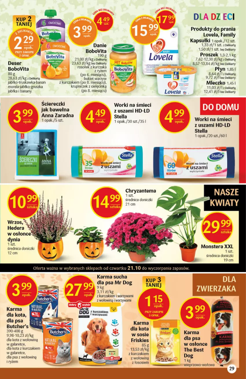 Gazetka promocyjna Delikatesy Centrum - Gazetka DC42 n. fresh - ważna 21.10 do 27.10.2021 - strona 29 - produkty: Banany, BoboVita, Bukiet, Bukiet warzyw, Butcher's, Chryzantema, Fa, Friskies, Gala, Jabłka, Kurczak, Lovela, Mleczko, Morela, Ryż, Ser, Sos, Tera, Warzywa, Wełna, Worki na śmiec, Worki na śmieci