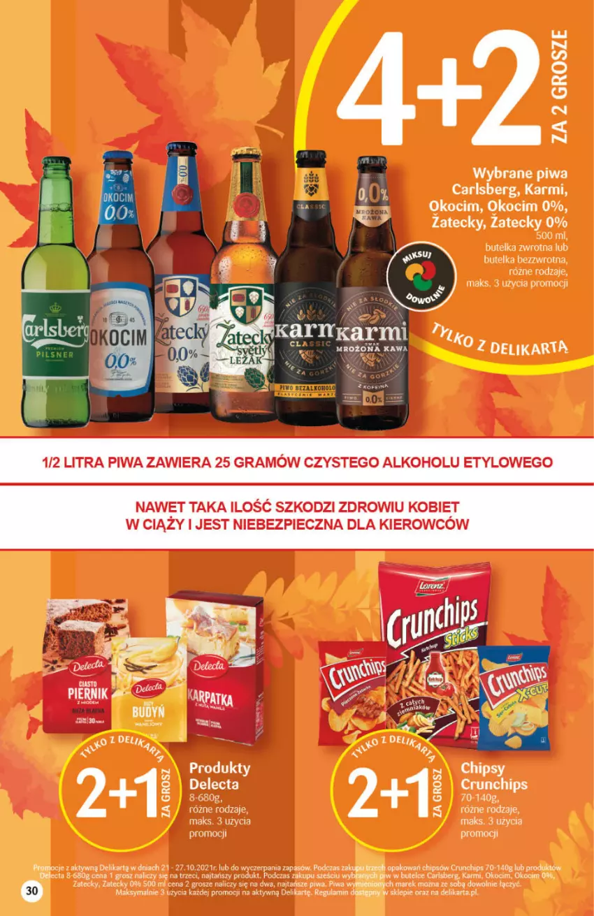 Gazetka promocyjna Delikatesy Centrum - Gazetka DC42 n. fresh - ważna 21.10 do 27.10.2021 - strona 30 - produkty: Carlsberg, Chipsy, Crunchips, Delecta, Fa, Gra, Karmi, Koc, Okocim, Piec, Piernik, Piwa