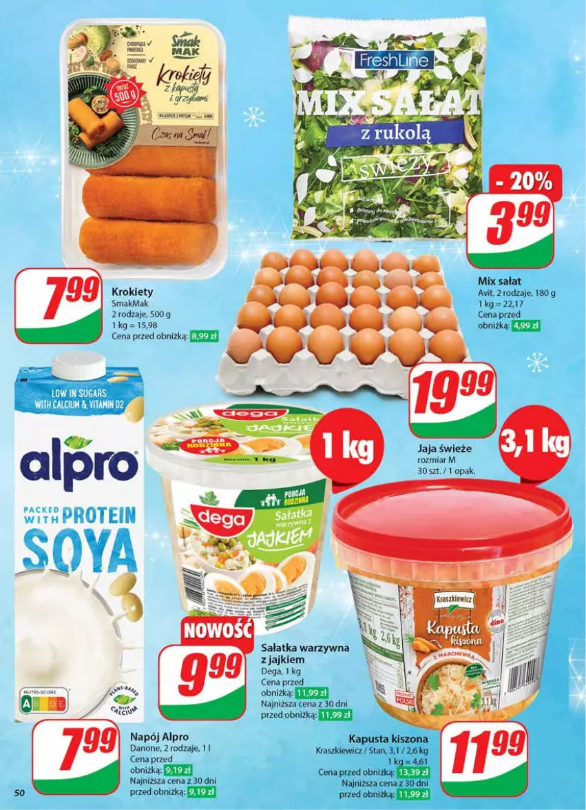 Gazetka promocyjna Dino - Gazetka 50 / 2024 - ważna 11.12 do 17.12.2024 - strona 50 - produkty: Alpro, Danone, Dega, Jaja, Krokiety, Napój, Sałat, Sałatka, Sałatka warzywna