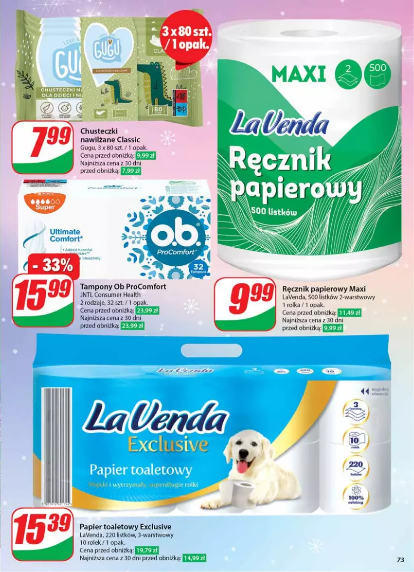 Gazetka promocyjna Dino - Gazetka 50 / 2024 - ważna 11.12 do 17.12.2024 - strona 73 - produkty: Chusteczki, Papier, Papier toaletowy, Ręcznik, Tampony