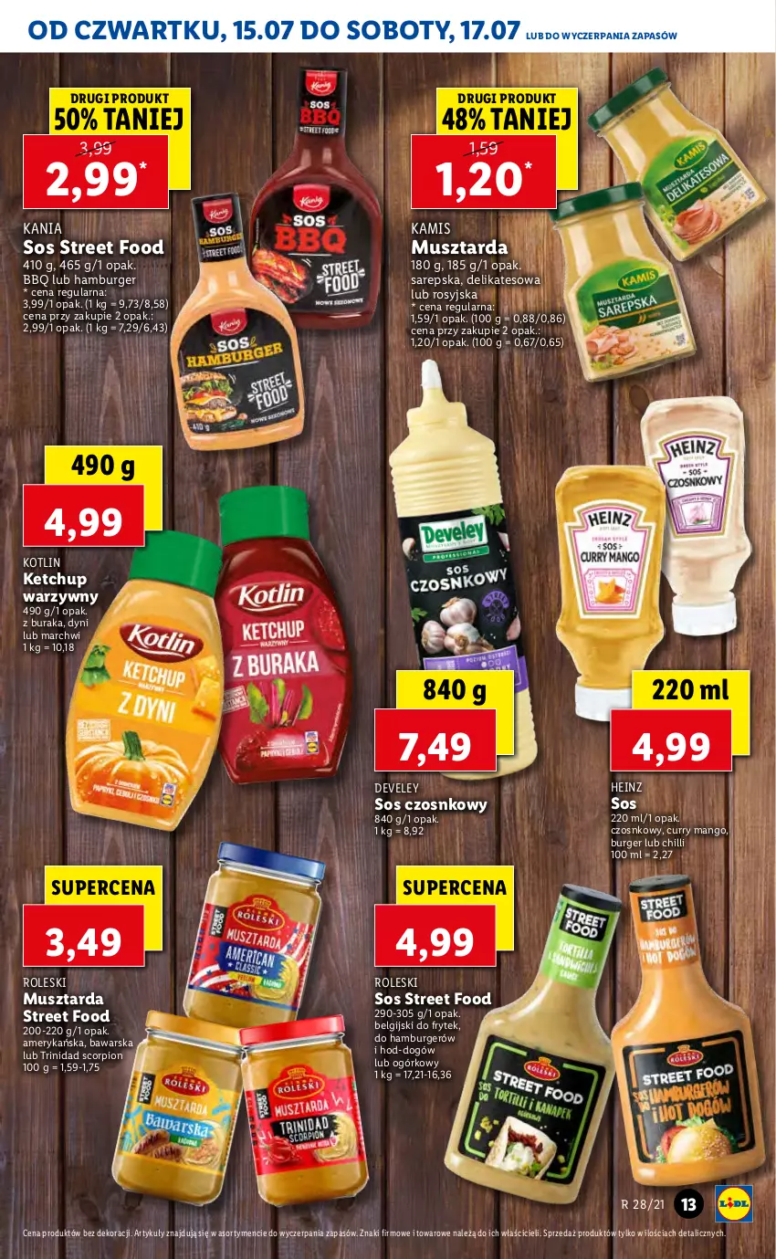 Gazetka promocyjna Lidl - GAZETKA - ważna 15.07 do 17.07.2021 - strona 13 - produkty: Burger, Hamburger, Heinz, Kamis, Ketchup, Kotlin, LG, Mango, Mus, Musztarda, Sos, Sos czosnkowy