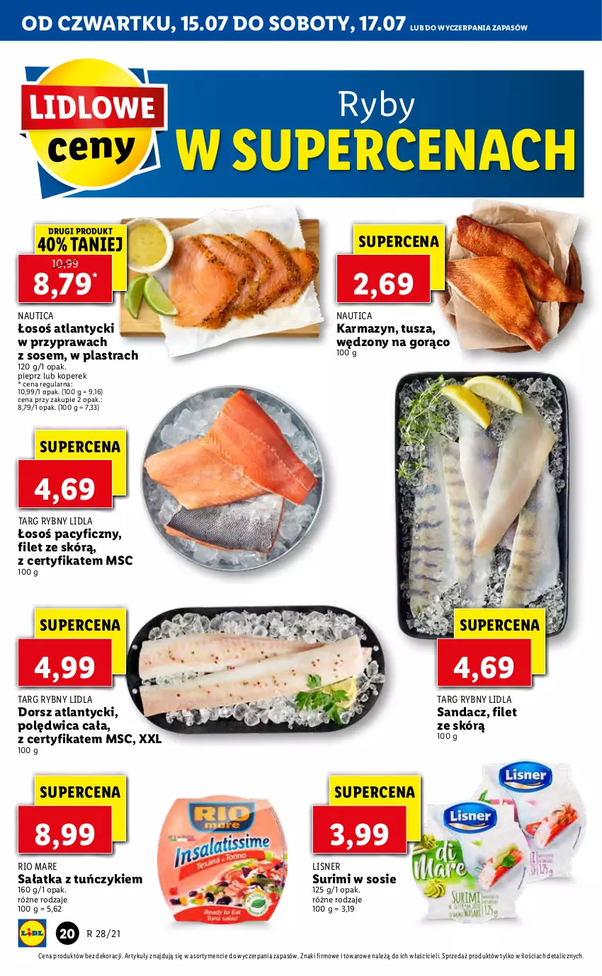 Gazetka promocyjna Lidl - GAZETKA - ważna 15.07 do 17.07.2021 - strona 20 - produkty: Dorsz, Lisner, Pieprz, Polędwica, Rio Mare, Sałat, Sałatka, Sandacz, Sos, Surimi, Tuńczyk, Tusz