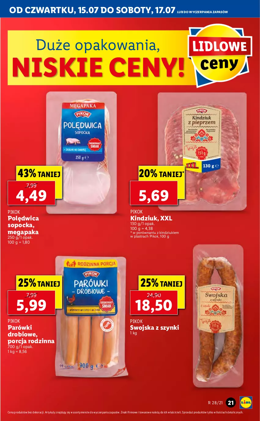 Gazetka promocyjna Lidl - GAZETKA - ważna 15.07 do 17.07.2021 - strona 21 - produkty: Kindziuk, Parówki, PIKOK, Polędwica, Por