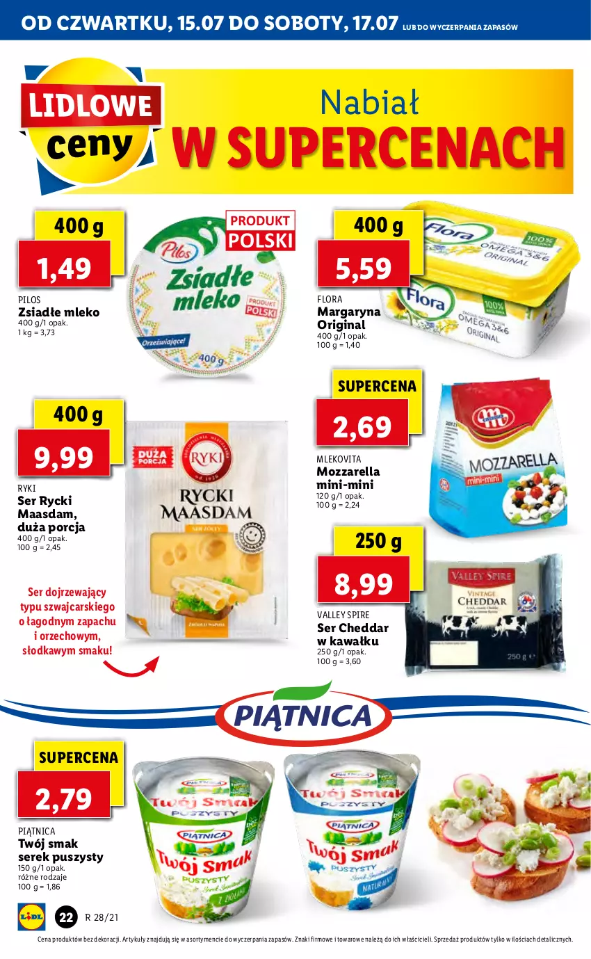 Gazetka promocyjna Lidl - GAZETKA - ważna 15.07 do 17.07.2021 - strona 22 - produkty: Cars, Cheddar, Flora, Gin, Kawa, Maasdam, Margaryna, Mleko, Mlekovita, Mozzarella, Piątnica, Pilos, Por, Ser, Serek, Serek puszysty, Twój Smak