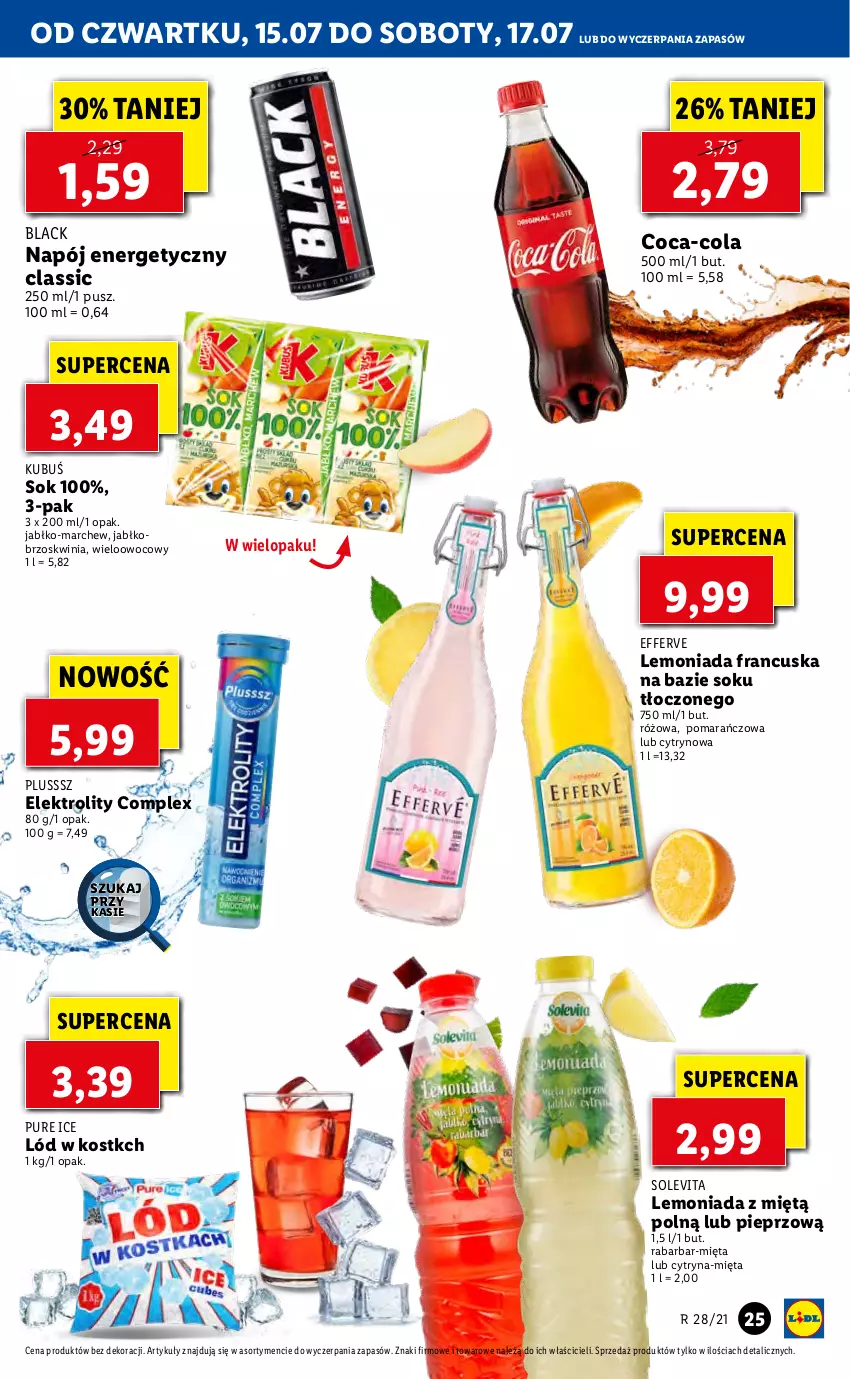 Gazetka promocyjna Lidl - GAZETKA - ważna 15.07 do 17.07.2021 - strona 25 - produkty: Coca-Cola, Kubuś, Lack, Lemoniada, Mięta, Napój, Napój energetyczny, Pieprz, Pur, Sok