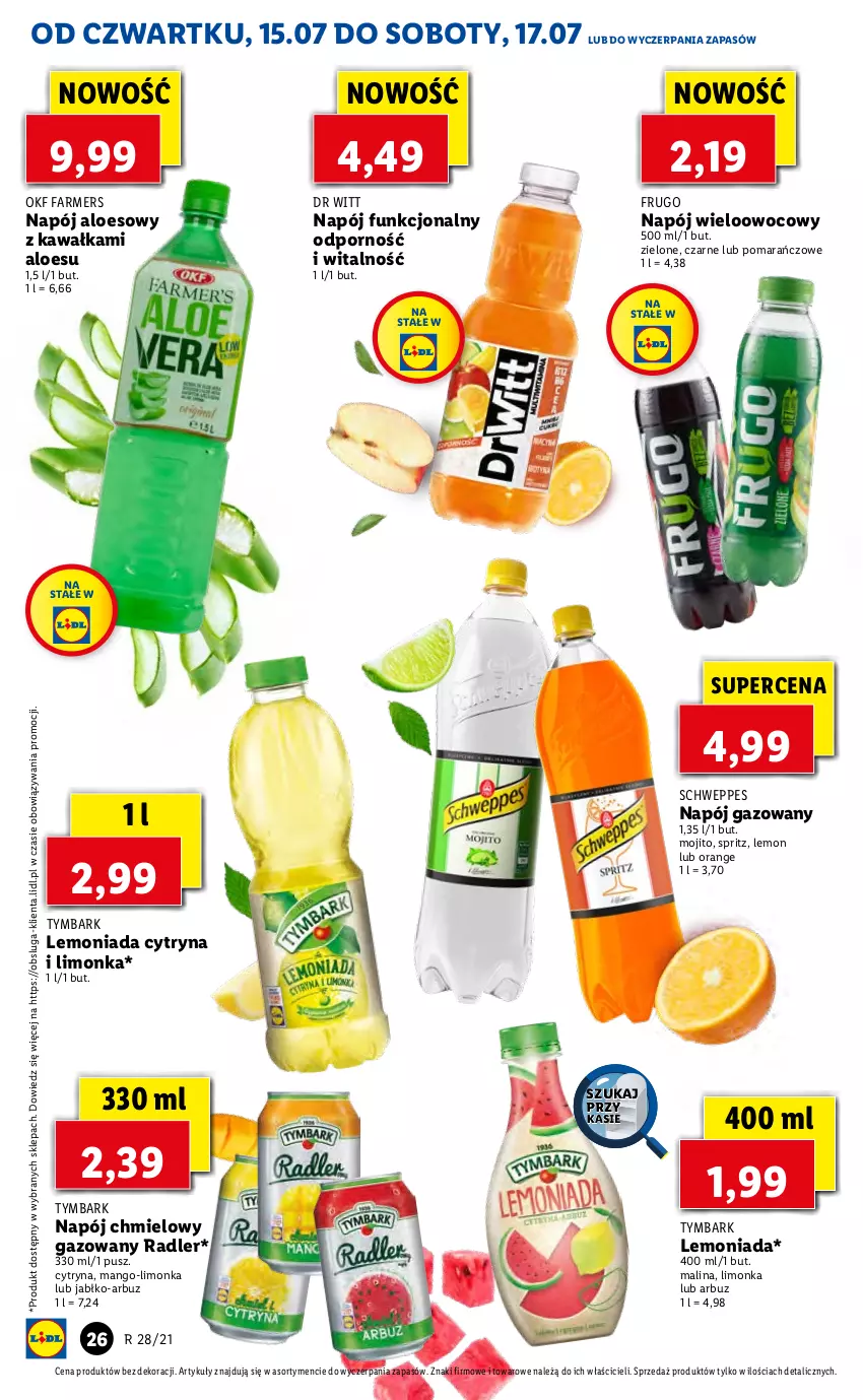 Gazetka promocyjna Lidl - GAZETKA - ważna 15.07 do 17.07.2021 - strona 26 - produkty: Arbuz, Fa, Kawa, Lemoniada, Limonka, Mango, Napój, Napój gazowany, Por, Radler, Schweppes, Tymbark