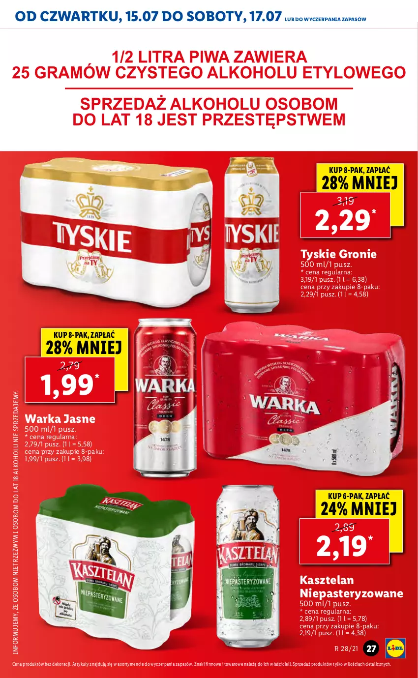 Gazetka promocyjna Lidl - GAZETKA - ważna 15.07 do 17.07.2021 - strona 27 - produkty: Kasztelan, Tyskie, Warka